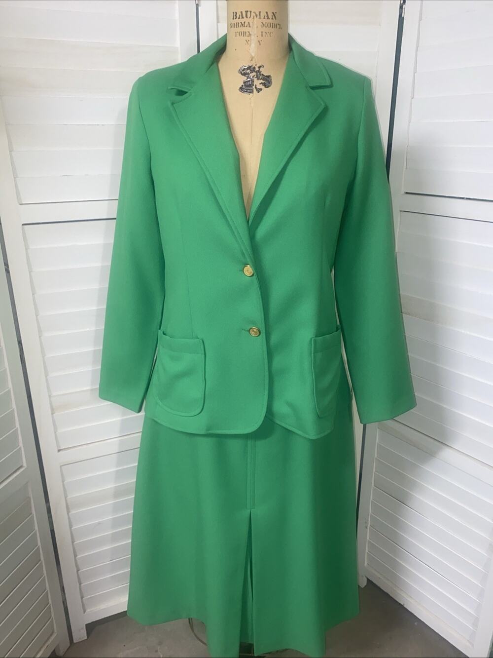 70s Cricket Lane Green Polyester Women's 2 Piece Set Skirt Blazer Suit Sz Large